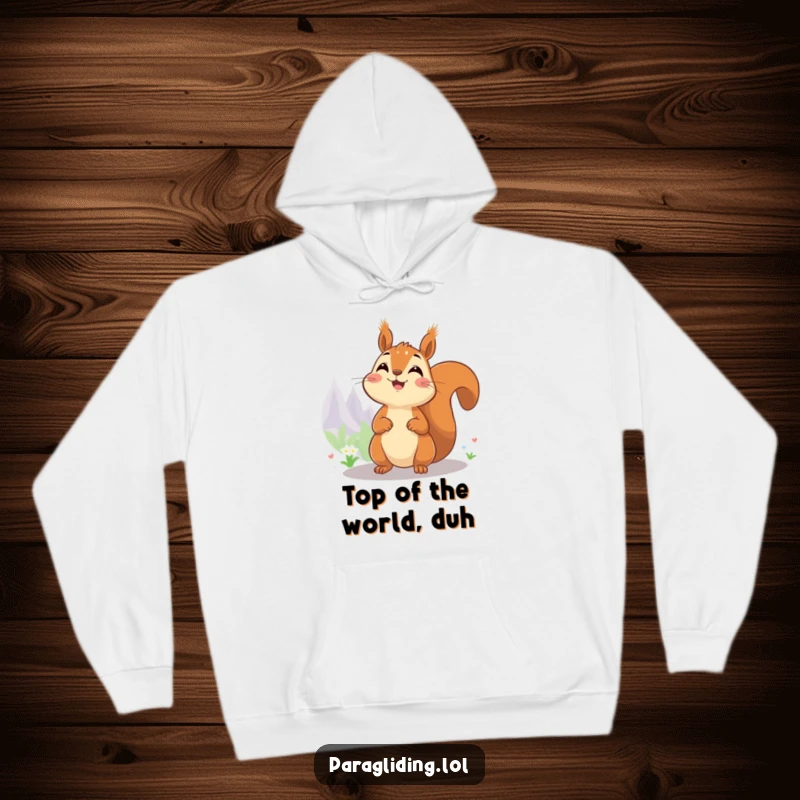 Funny hoodie featuring a cheerful squirrel enjoying a vast, scenic view from a high vantage point.