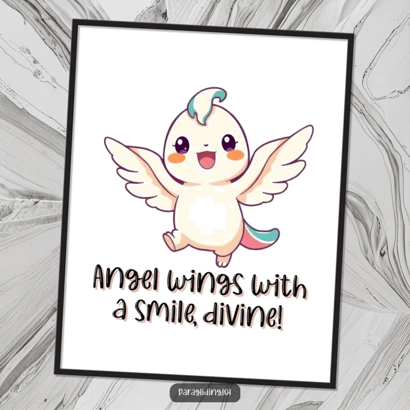 Funny Free Printable Wall Art: A cheerful, smiling angel with wings descending, radiating pure joy and humor.