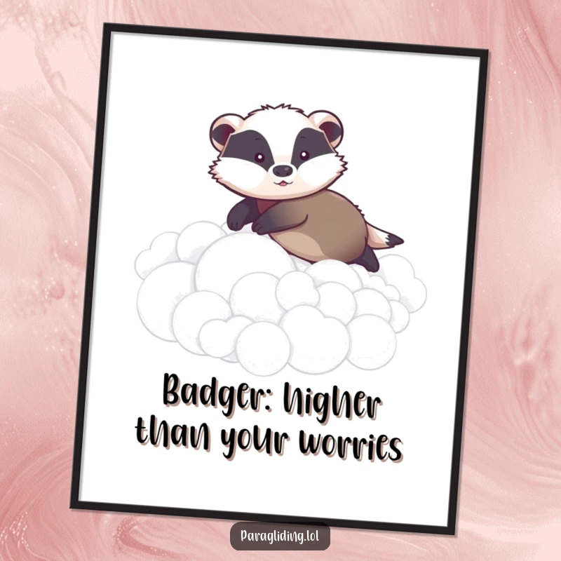 Funny Free Printable Wall Art: A graceful badger calmly gliding over fluffy clouds, creating a peaceful, whimsical scene.