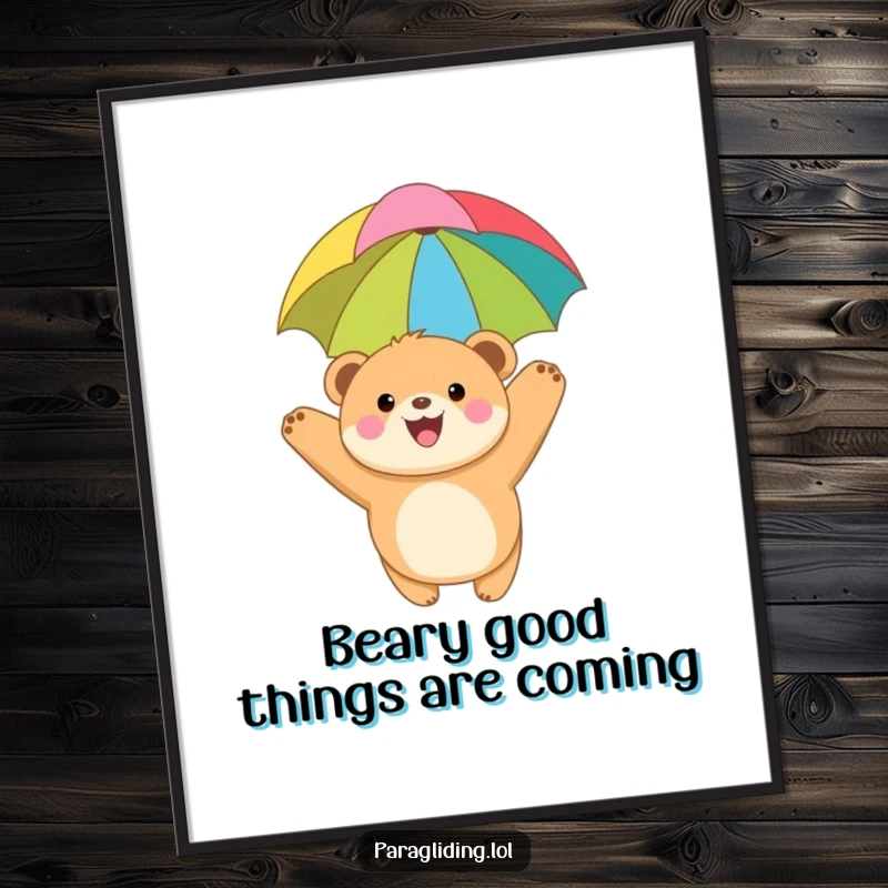 Funny Free Printable Wall Art: Joyful bear cub soars with colorful canopy, whimsical DIY decor, downloadable art.