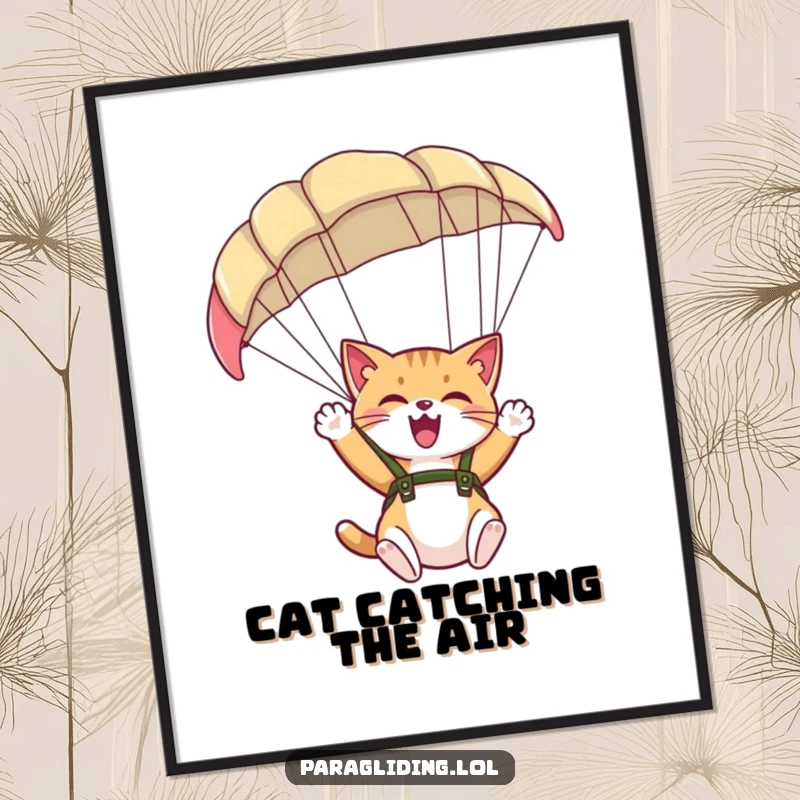 Funny Free Printable Wall Art of a gleeful cat with a wide giggle, waving excitedly from under a massive paraglider canopy.