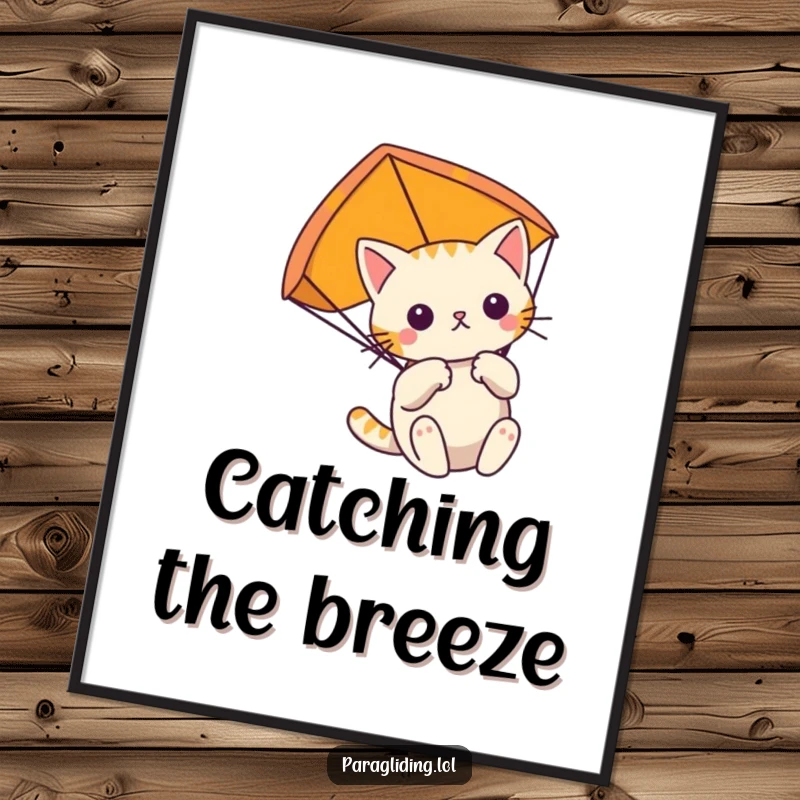 Funny Free Printable Wall Art: A determined cat paragliding with gentle focus, adding a calm, humorous vibe.