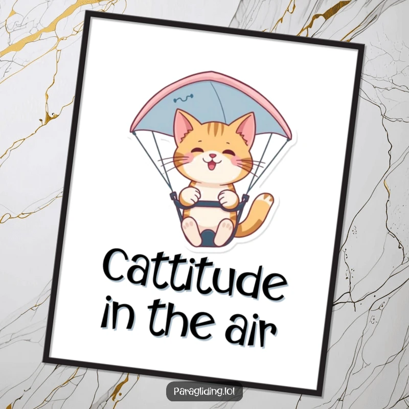 Funny Free Printable Wall Art: A confident cat skillfully pilots a paraglider, looking incredibly suave as it glides through the sky.