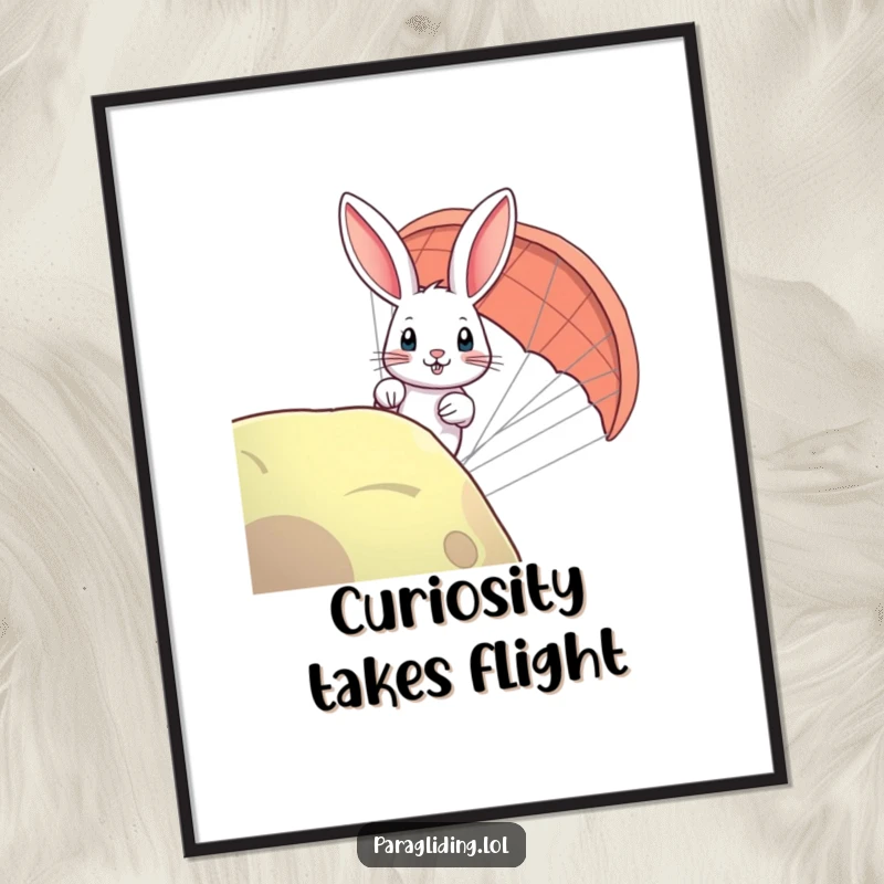 Funny Free Printable Wall Art: A curious rabbit peeking over the edge of a paraglider, with a mischievous and adventurous look.