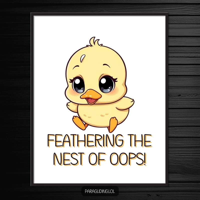 Funny Free Printable Wall Art: Wobbly duckling with wide surprise eyes drifting downwards, whimsical and humorous art