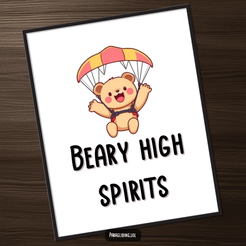 Funny Free Printable Bear Cub Wall Art: An ecstatic bear cub waving excitedly while soaring high in the sky on a paraglider.