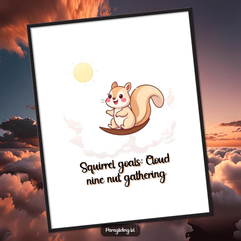 Funny Free Printable Wall Art: A happy squirrel enjoys a peaceful sail through soft clouds, creating a serene and whimsical wall display.