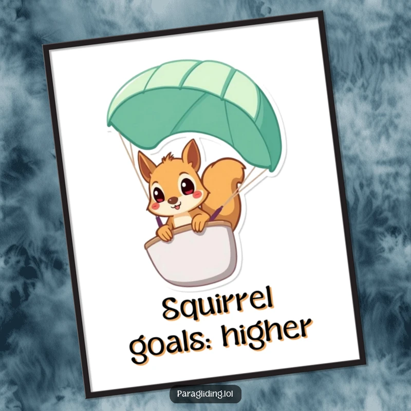 Funny Free Printable Squirrel Wall Art: A squirrel with comically wide eyes peeking over the edge of a paraglider, capturing surprise.