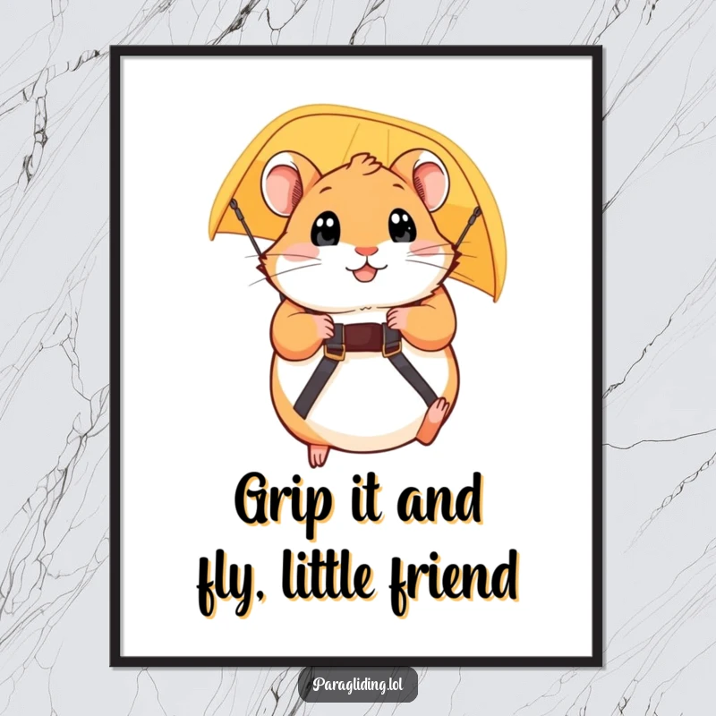 Funny Free Printable Wall Art: Plump hamster tightly gripping paraglider strap, eyes wide, a humorous downloadable piece.