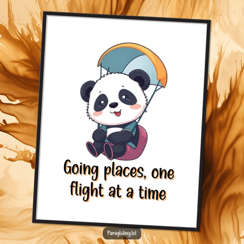 Funny Free Printable Wall Art: Contented panda cub looking overwhelmed while paragliding, a whimsical downloadable piece.