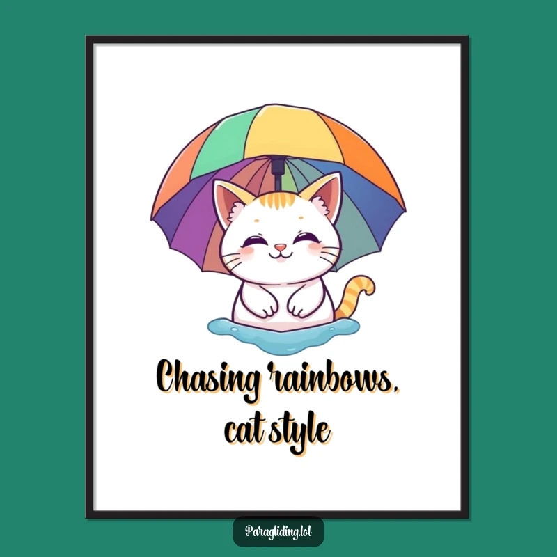 Free Printable Wall Art: Cat Under Rainbow Umbrella - Whimsical Downloadable Art