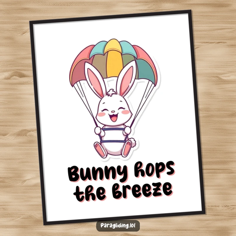 Funny Free Printable Wall Art of a blissful bunny with a huge smile, gracefully floating under a brightly colored paraglider.
