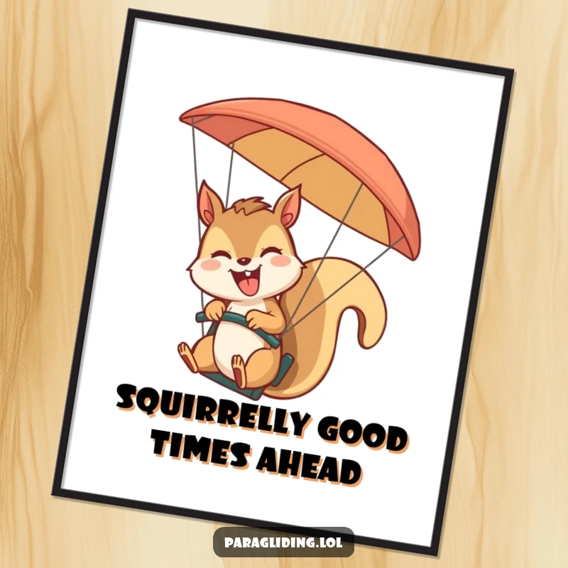 Funny Free Printable Wall Art: A happy, giggling squirrel expertly pilots a paraglider, giving a friendly wave from the sky.