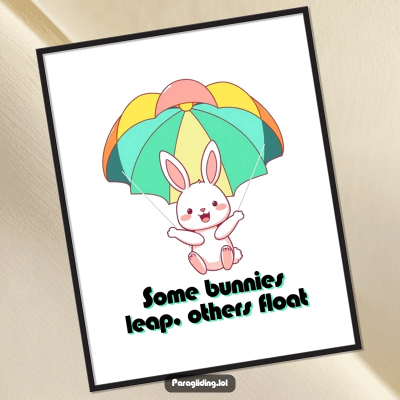 Funny Free Printable Wall Art: A happy bunny floating serenely under a colorful parachute, embodying peace and fun.