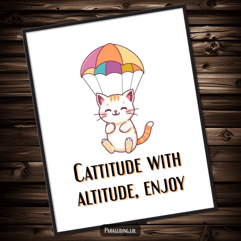Funny Free Printable Wall Art: A content cat floating serenely under a vibrant paraglider, bringing a peaceful and whimsical vibe to any space.