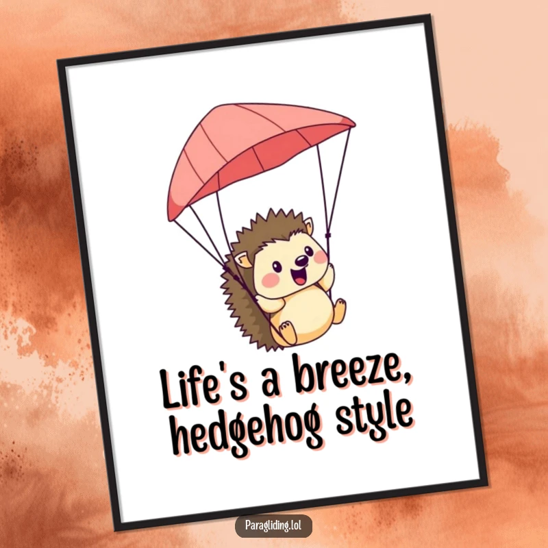 Funny Free Printable Wall Art: A happy hedgehog with a big smile enjoying the wind from a paraglider.
