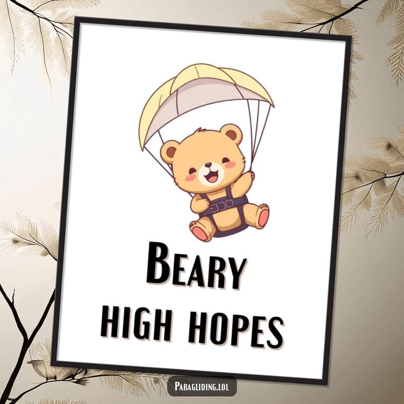 Funny Free Printable Wall Art: A bear cub joyfully paragliding against a scenic sky, radiating happiness and freedom.
