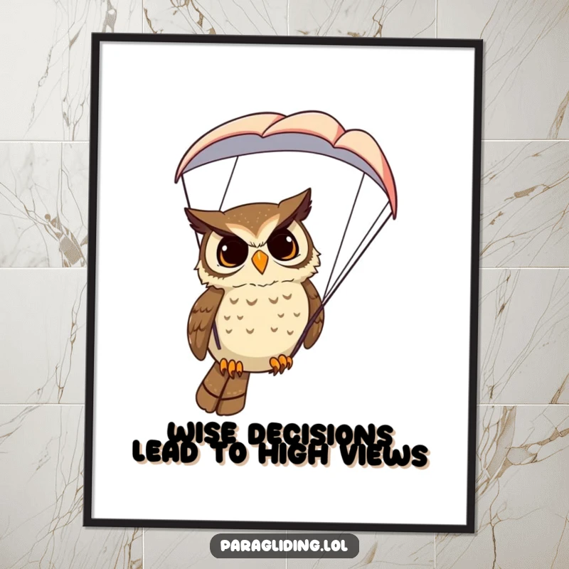 Funny Free Printable Wall Art: A determined owl peering down from a paraglider, enjoying the scenic view.