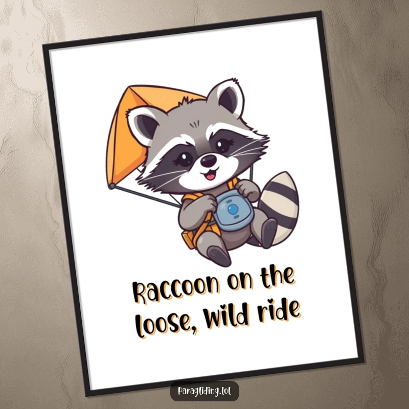 Funny Free Printable Wall Art: A mischievous raccoon playfully yanking paraglider controls, ready for an unexpected adventure in the sky.