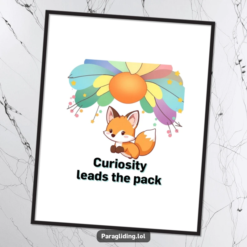 Funny Free Printable Wall Art: A curious fox gliding peacefully under a vibrant, colorful canopy, adding whimsical decor. Downloadable.