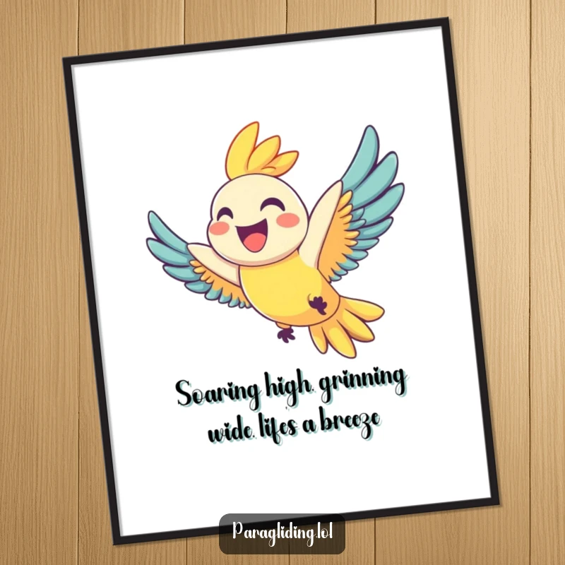 Funny Free Printable Wall Art of a joyful parrot with an enormous grin, soaring high in the sky with vibrant feathers.