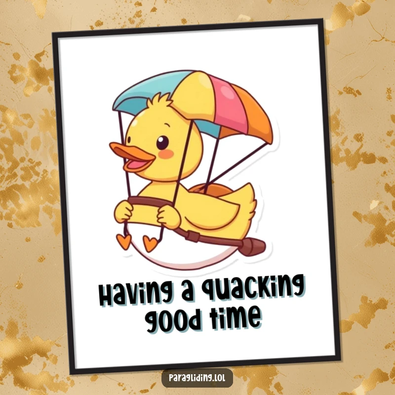 Funny Free Printable Wall Art: Cheerful duck soaring high in a colorful paraglider, enjoying the view.