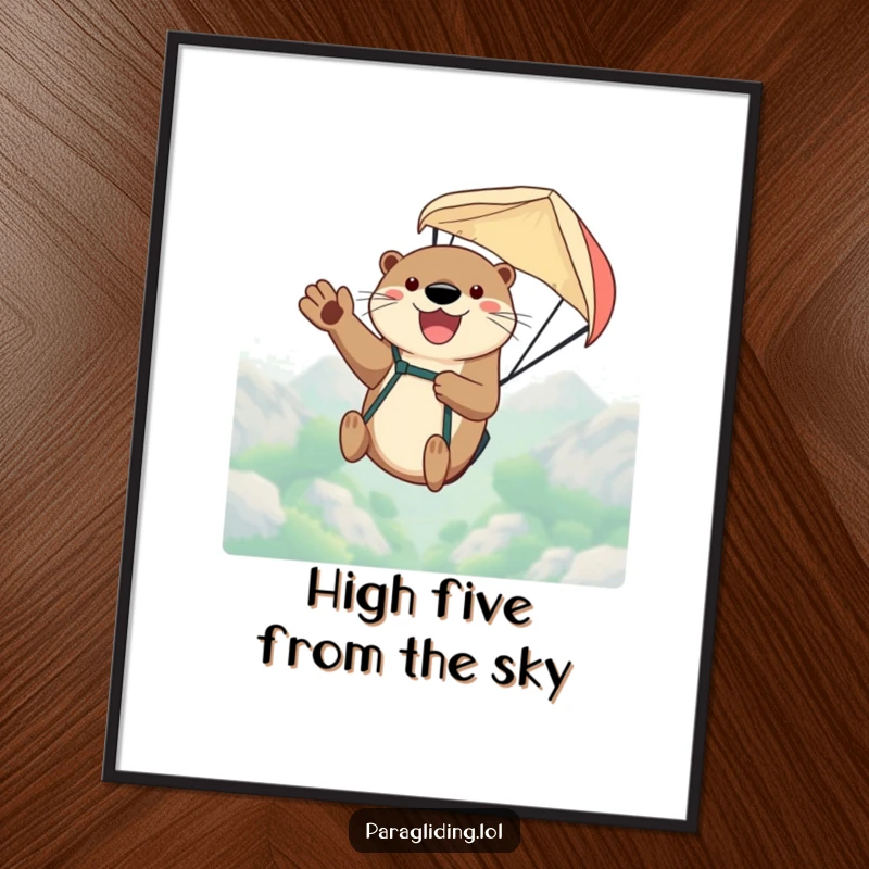 Funny Free Printable Wall Art: An otter joyfully paragliding high in the clouds, adventurous and humorous.