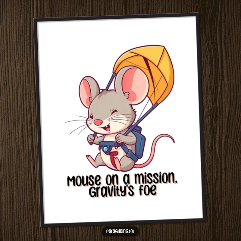 Funny Free Printable Wall Art of a determined mouse gripping paraglider handles, ready for an epic flight, downloadable decor.
