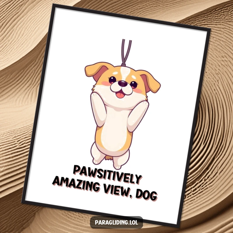 Funny Free Printable Wall Art: A beaming dog hangs suspended in the air, looking proud and utterly relaxed while enjoying a vast landscape.