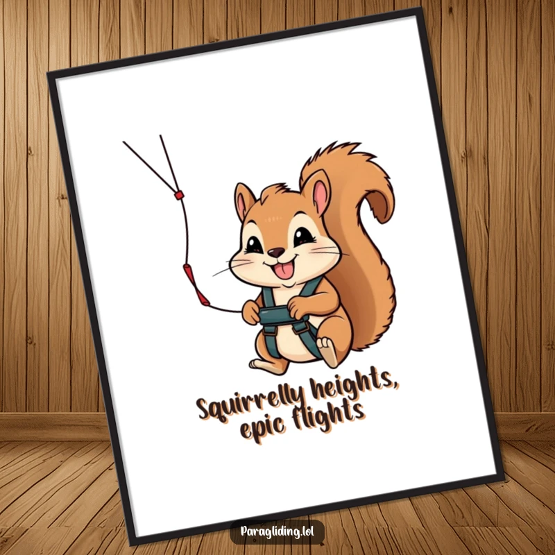 Funny free printable wall art of a determined squirrel with a huge smile, grasping a paraglider handle, ready for flight.