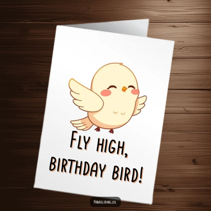 Funny Free Printable Birthday Card: A smiling bird drifts happily and peacefully on gentle wind currents, embodying pure contentment.