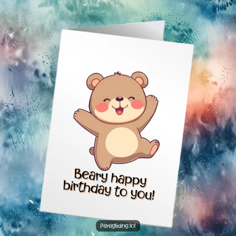 Funny Free Printable Birthday Card showing a playful bear joyfully bobbing while paragliding through the sky.