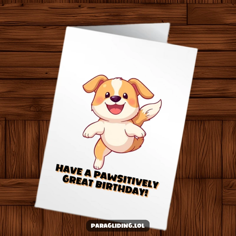 Funny Free Printable Birthday Card: A gleeful dog with a wide grin gracefully soaring through the blue sky, celebrating a birthday with pure joy.