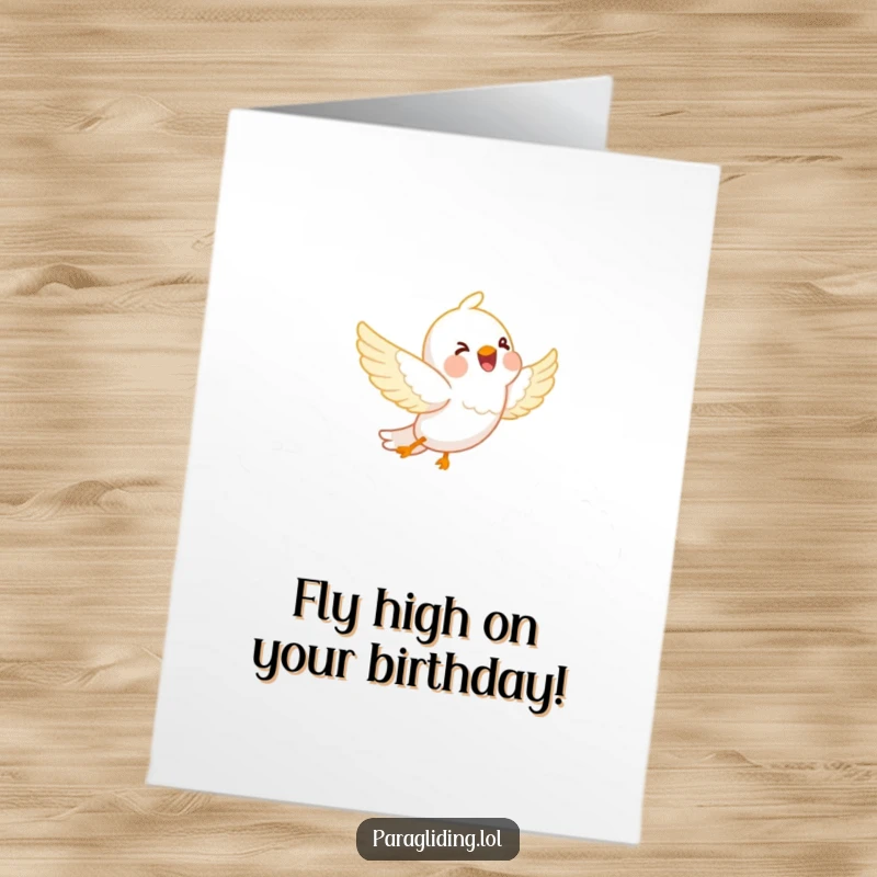 Free Printable Birthday Card: A happy little bird joyfully soars through soft, fluffy white clouds in a clear sky.