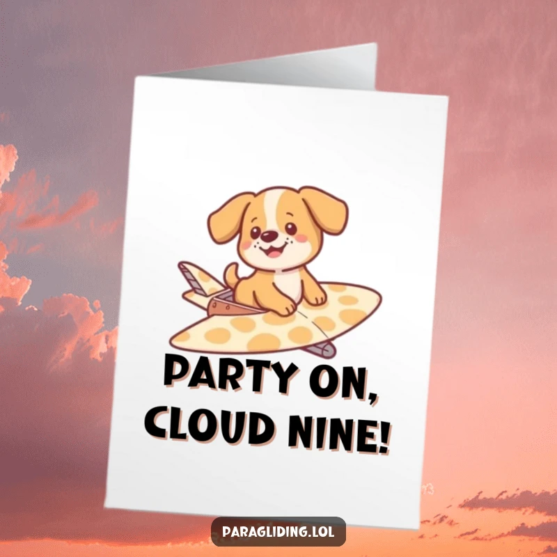 Funny free printable birthday card showing a happy dog blissfully drifting on a large, colorful patterned glider.