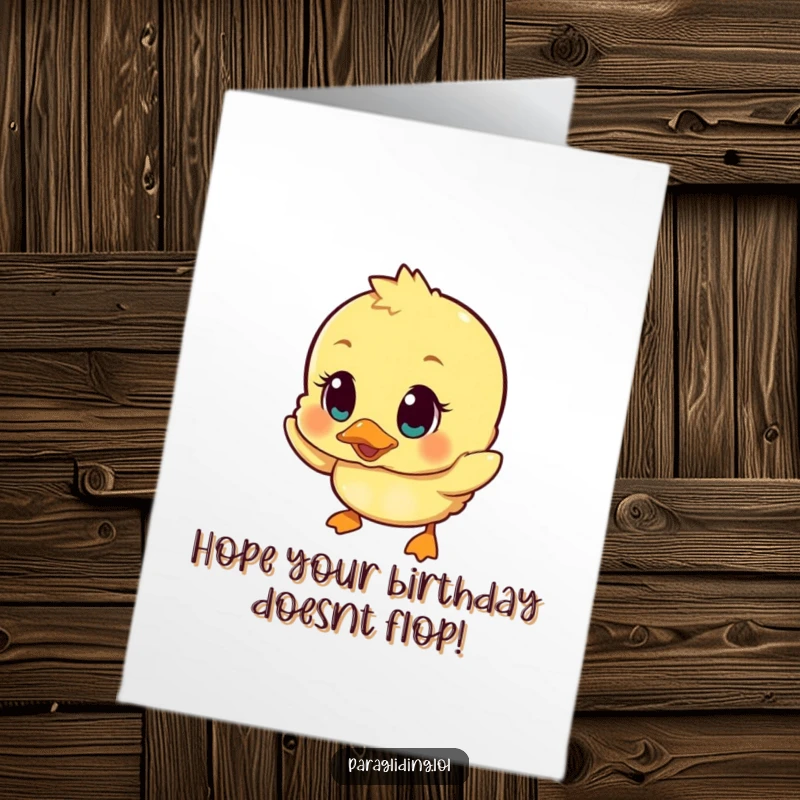 Funny Free Printable Birthday Card: A wobbly duckling descends with wide, surprised eyes, adding humor.