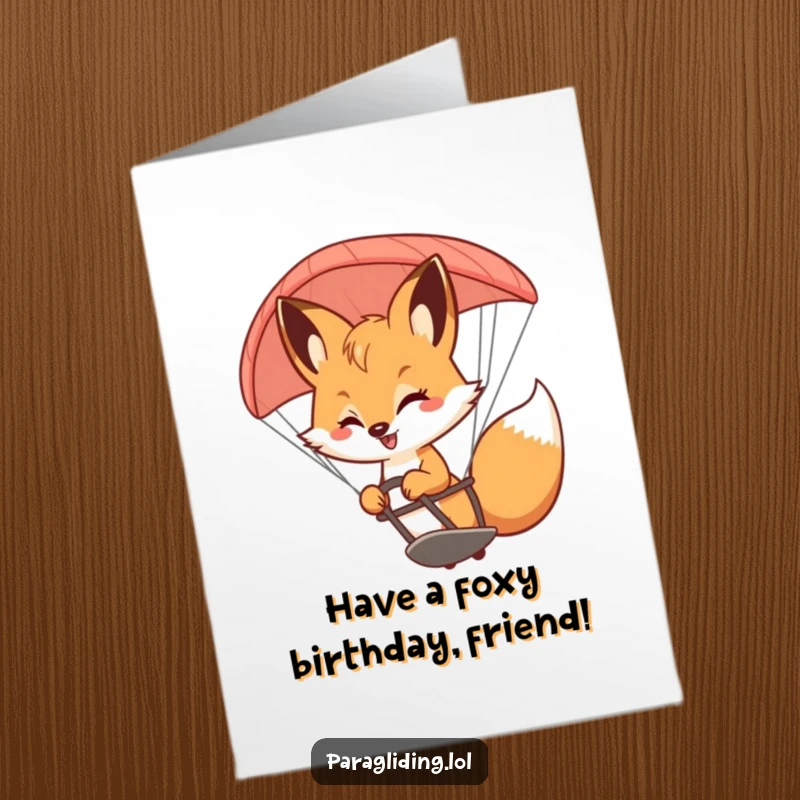 Funny Free Printable Birthday Card: A smiling fox expertly steering a paraglider, celebrating a birthday.
