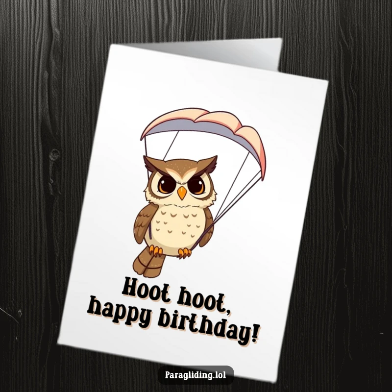 Funny Free Printable Birthday Card: A determined owl looking down from a paraglider, celebrating a birthday.