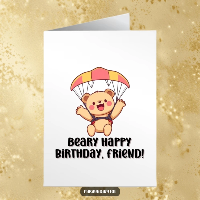Funny Free Printable Bear Cub Birthday Card: An adorable bear cub gleefully waving from a paraglider high in the sky.