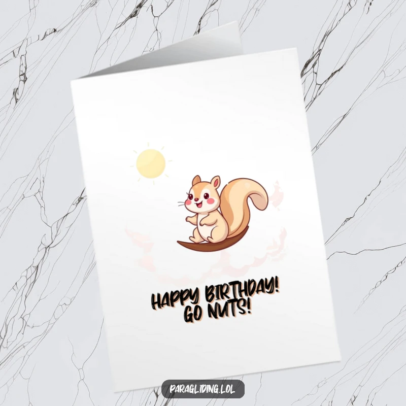 Funny Free Printable Birthday Card: A happy squirrel enjoys a smooth sail through fluffy white clouds, bringing birthday cheer.