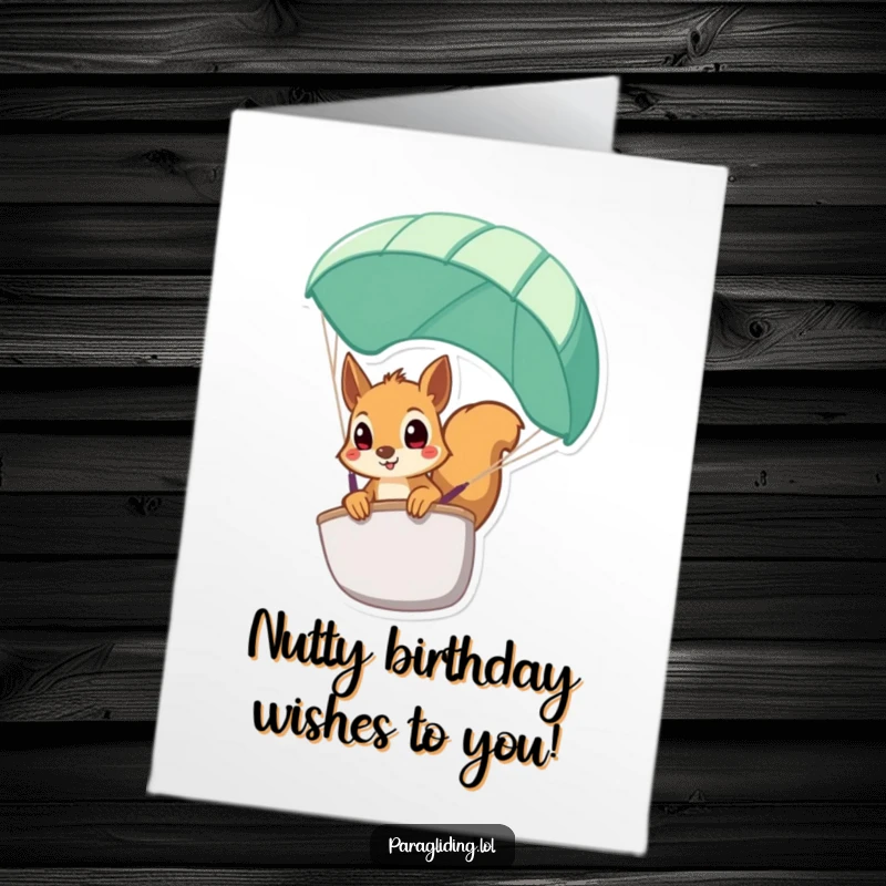 Funny Free Printable Squirrel Birthday Card: A wide-eyed squirrel peeking nervously over the edge of a paraglider, full of surprise.