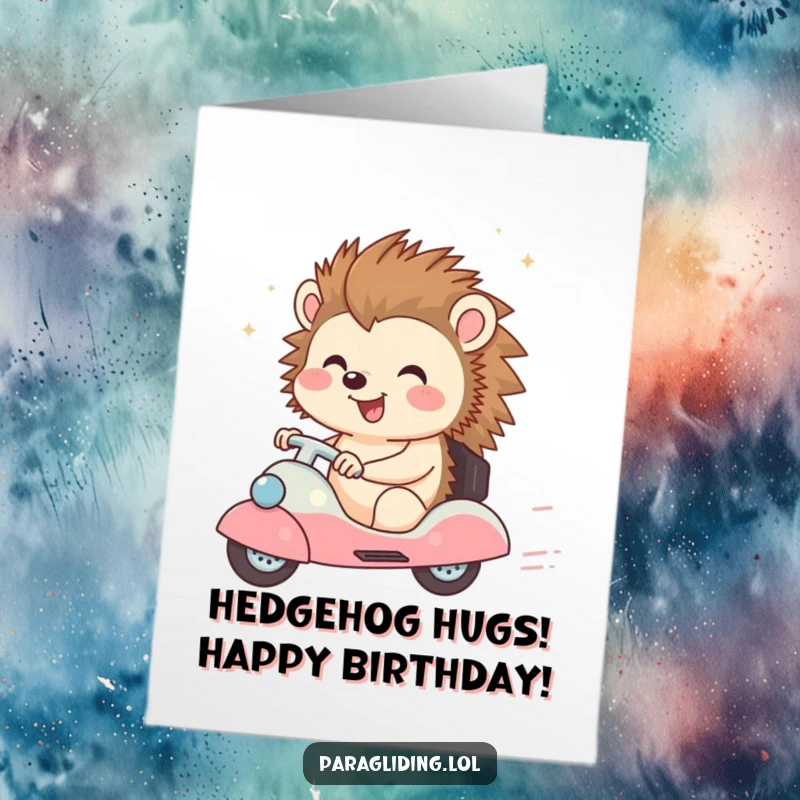 Funny Free Printable Birthday Card: Happy hedgehog with a big smile enjoying a breezy ride, perfect for a fun birthday