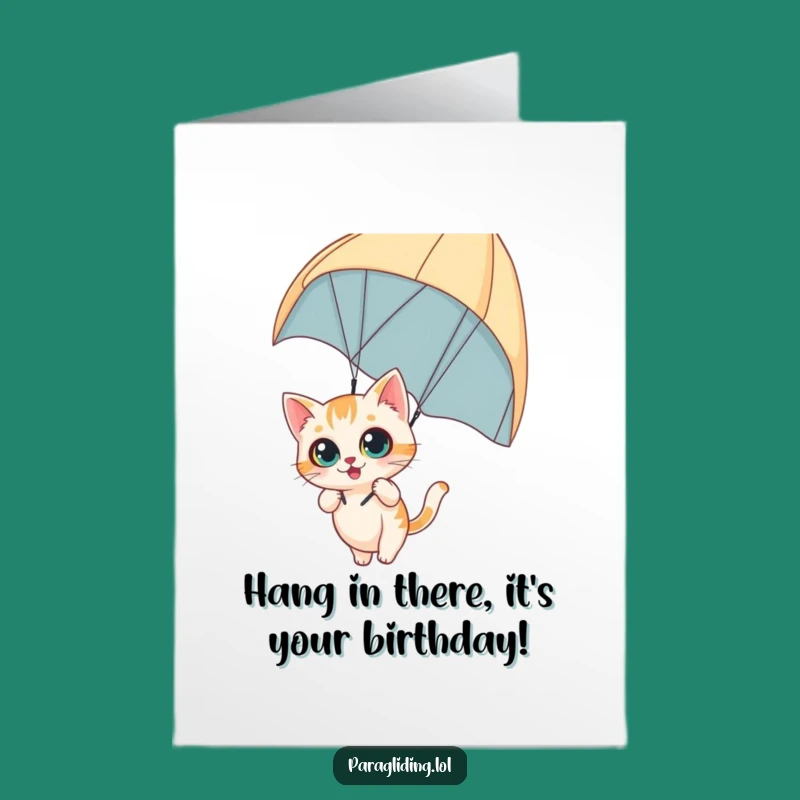 Free Printable Birthday Card: Curious Cat Paragliding with Wide Eyes