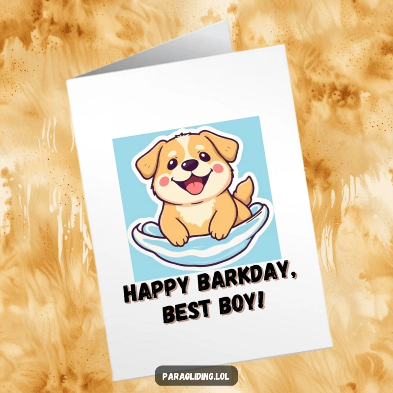 Funny Free Printable Birthday Card: Beaming dog floating happily in blue sky, a cheerful downloadable art for birthdays.