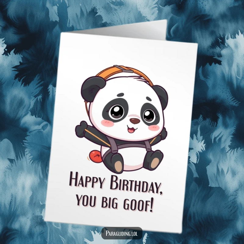 Funny Free Printable Birthday Card: A happy yet bewildered panda paragliding, looking surprised by the view.