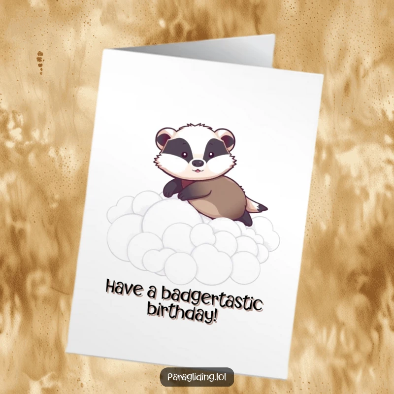 Funny Free Printable Birthday Card: A graceful badger gently gliding over soft, fluffy clouds, spreading birthday wishes.