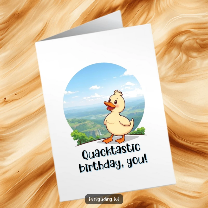 Funny Free Printable Birthday Card: A delighted duck peering over a vast landscape, celebrating a special birthday with wonder.