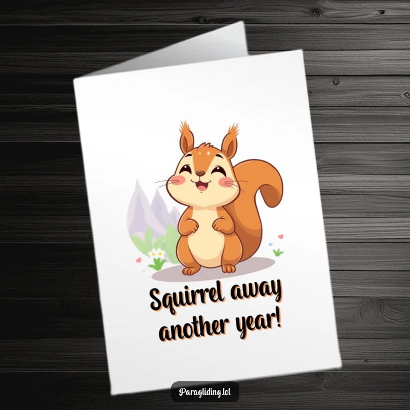 Funny Free Printable Birthday Card: A happy squirrel perched high, looking out with enjoyment, perfect for birthday cheer.