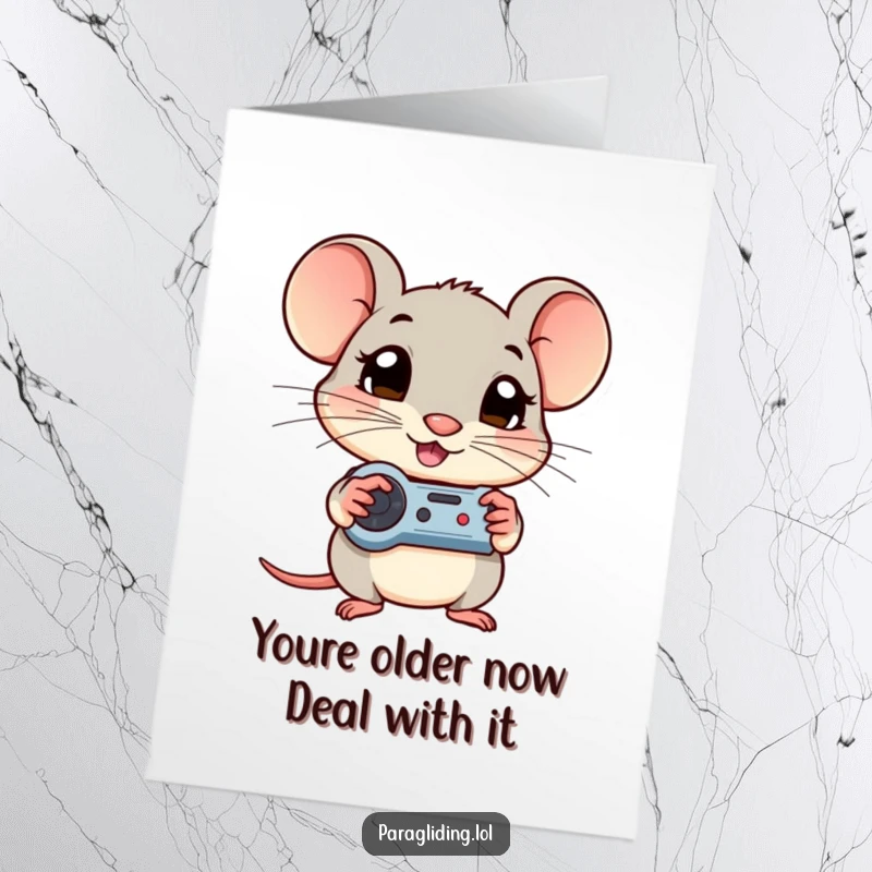 Funny Free Printable Birthday Card: Shy mouse gripping controls, big curious eyes, ready for a celebration.