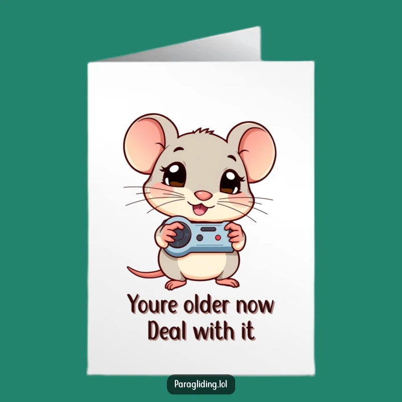 Free Printable Birthday Card: Shy Mouse Controls Funny Downloadable Gift